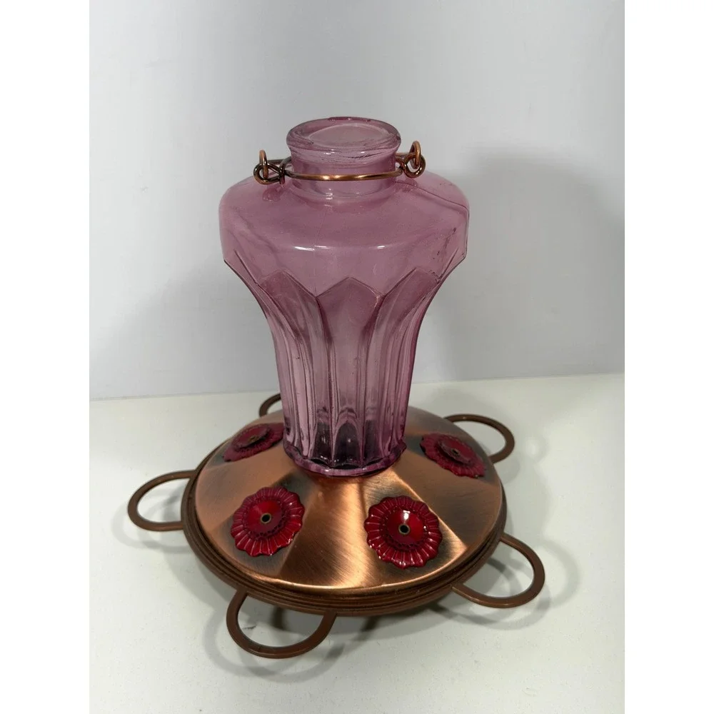 Vintage Style Amethyst Purple Glass Hummingbird Feeder Copper Metal Base 8.5